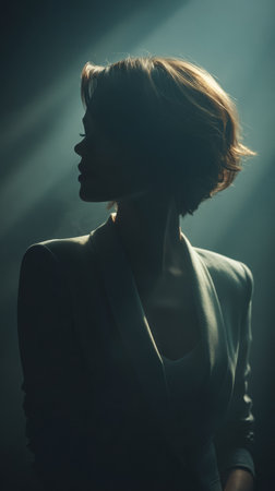 A woman stands in profile, her silhouette softly illuminated by beams of light. She wears a fashionable outfit, creating a striking contrast in a dramatic setting.の素材