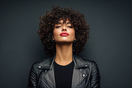 A woman with curly hair stands confidently, wearing a black leather jacket. Her bold red lips and piercing gaze give off a strong presence in a dark, dramatic setting.の素材