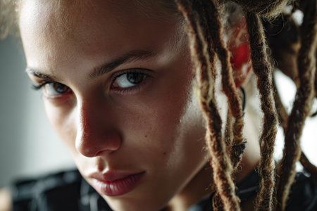 A young woman with dreadlocks gazes intensely at the camera in soft, natural light. Her expression shows strength and confidence, highlighting her unique hairstyle and features.の素材