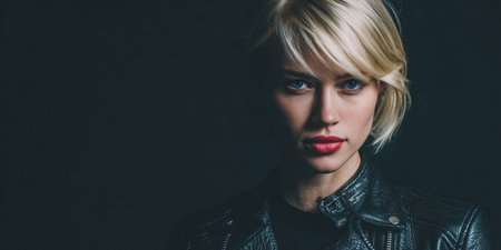 In a dramatic setting, a young woman with short blonde hair gazes confidently at the camera. Her striking red lipstick and leather jacket enhance her bold look, creating a captivating scene.の素材