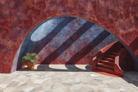 A unique courtyard features a striking arch painted in shades of red and blue with shadows creating patterns on the floor. A potted plant adds a touch of greenery near the staircase.の素材