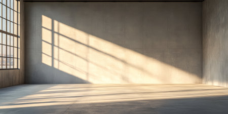 Warm sunlight casts long shadows across the smooth concrete floor of a spacious, unfurnished room featuring large windows. The atmosphere is serene and open.の素材