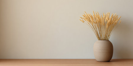 A beautiful dried flower arrangement is displayed in a beige vase atop a wooden table. The neutral wall adds to the simplicity of this stylish decor feature.の素材