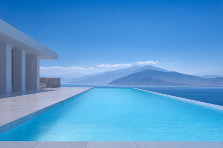 A stunning infinity pool stretches towards the horizon with calm blue waters, framed by majestic mountains under a bright sky, creating a peaceful escape in a luxurious setting.の素材