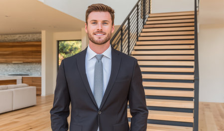 A well-dressed young man stands in a stylish modern home, featuring wooden stairs and an open layout. He exudes confidence and charm, making the space feel welcoming and bright.の素材