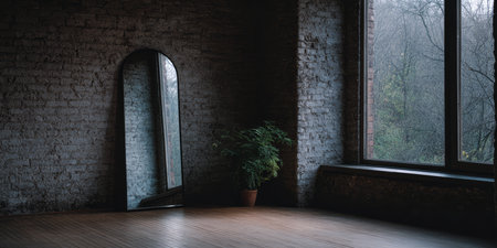 A spacious room features a tall, curved mirror and a green potted plant. The large window offers a view of a misty forest, creating a serene atmosphere. Soft natural light fills the space.の素材