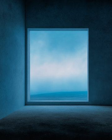 A spacious room features a large window that opens to a tranquil blue landscape outside. The atmosphere is calm and peaceful during twilight hours.の素材