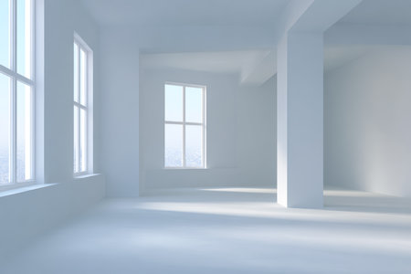 A bright and spacious empty room features white walls and large windows that allow natural light to fill the space. The scene showcases a minimalist design with an airy atmosphere.の素材
