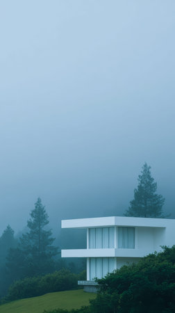A sleek white house stands alone in a misty forest, surrounded by tall pine trees. The fog adds a mysterious atmosphere to the tranquil scene during early morning.の素材