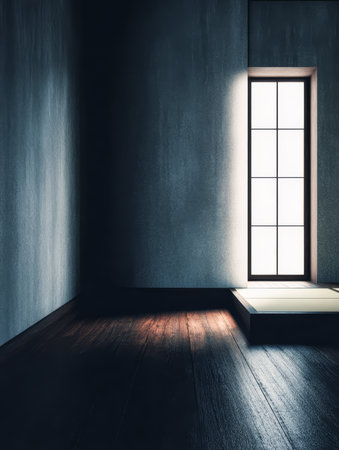 A serene room features a single window allowing gentle light to spill onto the wooden floor. The shadows create an atmosphere of calm and reflection in this tranquil space.の素材