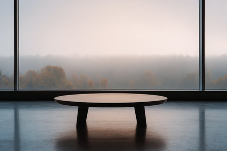 A round wooden table sits in a minimalist room with a large window. Outside, a foggy landscape extends into the distance, illuminated by soft morning light.の素材