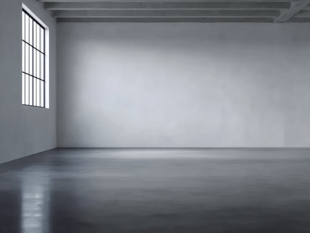 A spacious room features smooth gray walls and a polished floor. A large window allows natural light to illuminate the area, creating a calm and open atmosphere.の素材