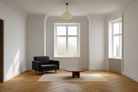 A bright living area features large windows that let in sunlight, a comfortable black chair, and a wooden coffee table centered on a light rug on the warm wooden floor.の素材