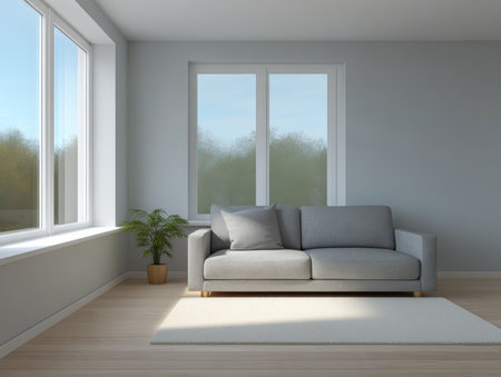 In a bright and airy living room, a cozy gray sofa sits under large windows. Natural light floods the space, highlighting a small green plant in a pot nearby.の素材