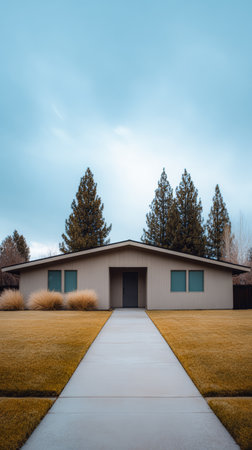 A sleek, single-story house stands prominently on a well-maintained lawn, with tall evergreen trees in the background under a clear blue sky. The pathway leads to the front door.の素材