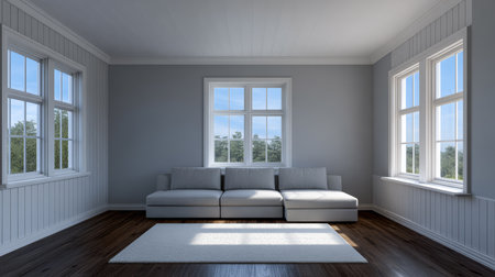 Bright and spacious living room features a cozy white sofa and large windows letting in natural light. The clean design creates a calm atmosphere in the room.の素材