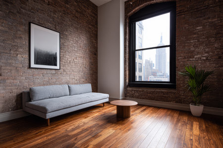A stylish living room features a gray sofa, a round wooden table, and a large window. The iconic Empire State Building is visible outside, showcasing New York City's skyline.の素材