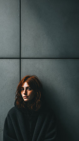 A woman with red hair is sitting quietly against a smooth gray wall. She appears deep in thought, dressed in a dark outfit that blends with the minimalist setting.の素材