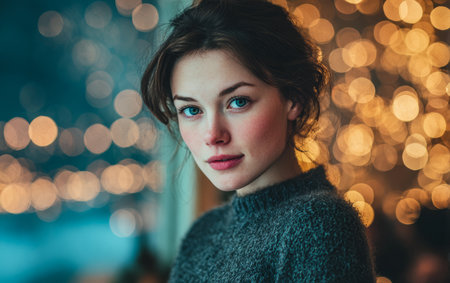 A young woman with blue eyes and a gentle smile stands in a cozy setting. Soft, warm bokeh lights create a charming backdrop as evening light enhances her features.の素材