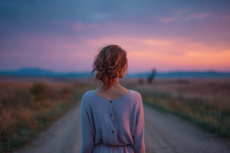 A woman with curly hair looks off into the sunset while standing on a quiet dirt road. The sky is painted with colors of twilight, surrounded by a serene landscape.の素材