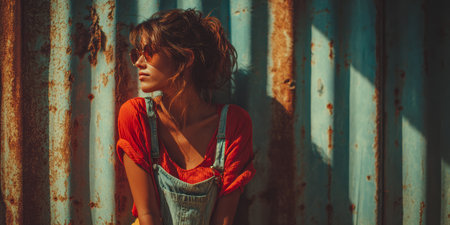 A young woman wearing sunglasses and a bright red shirt leans against a weathered blue wall. The warm sunlight creates a soft glow, enhancing the urban atmosphere around her.の素材