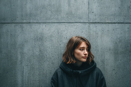 A woman with shoulder-length hair sits quietly against a smooth concrete wall in an urban space. Her simple outfit contrasts with the stark background, highlighting her natural beauty.の素材