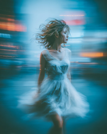 A young woman twirls in a flowing dress, her hair whipping around as she moves through a vibrant city scene at night. The lights blur around her, creating a sense of motion.の素材
