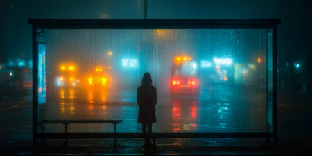 A figure stands alone at a bus stop, shrouded in mist and rain. City lights blur in the background, creating a moody atmosphere in the dark night.の素材