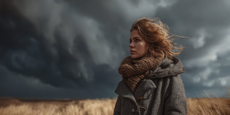 A young woman with tousled hair faces strong winds in a grassy field. Dark, ominous clouds loom overhead, hinting at upcoming weather changes. Her warm scarf provides some comfort against the chill.の素材