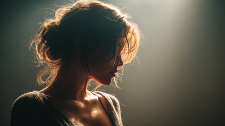A woman stands in profile, her soft curls gently framing her face. The dim light casts shadows, creating an intimate and dramatic atmosphere in the setting.の素材