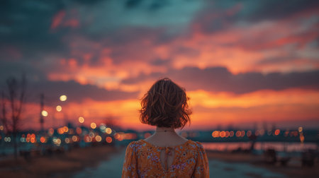 A woman stands with her back to the viewer, watching a vibrant sunset filled with reds, oranges, and purples. City lights twinkle as the day turns to night, creating a serene atmosphere.の素材