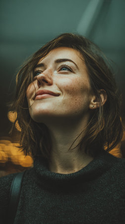 A young woman with short brown hair and freckles looks up with a smile as soft lights create a warm, glowing background. The setting suggests evening or indoor atmosphere.の素材