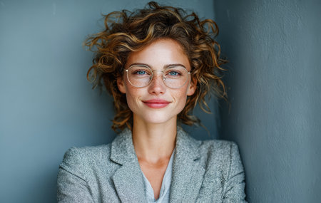 A young woman with curly hair and glasses stands relaxed with a smile, leaning against a grey wall. She exudes confidence and warmth in a stylish outfit, creating a welcoming atmosphere.の素材