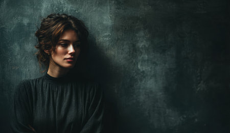 A woman stands against a textured dark wall, gazing thoughtfully into the distance. Her expression reveals a sense of contemplation and depth, highlighting her emotional state.の素材