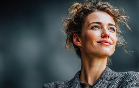 A young woman with curly hair smiles confidently while wearing a stylish blazer. The soft lighting highlights her natural features against a dark backdrop.の素材