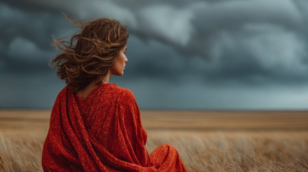 A woman sits in a vast field, wrapped in a flowing red dress, as dark storm clouds gather above. The scene captures the beauty of nature and the tension of the impending weather.の素材