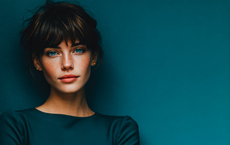 A woman with clear blue eyes and soft freckles displays a calm expression while leaning against a vibrant dark teal wall, showcasing her natural beauty.の素材