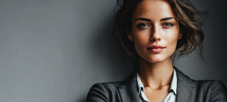 A young woman stands confidently with her arms crossed, wearing a stylish blazer and light shirt. The background features a smooth, gray wall, adding to the professional vibe.の素材