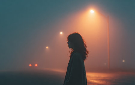 A woman with curly hair is silhouetted against a brightly lit street in the fog. Soft orange light from lampposts creates a mysterious atmosphere, while distant car headlights are visible.の素材