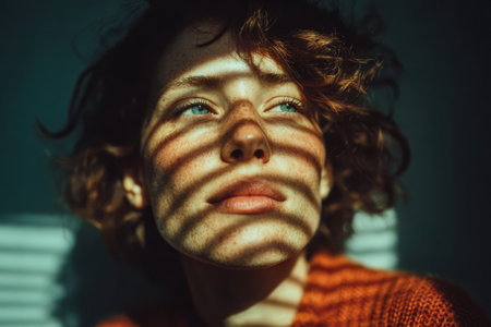 A young woman with curly hair gazes thoughtfully while seated by a window. Sunlight streams through the blinds, creating striking shadows across her face, highlighting her freckles and blue eyes.の素材