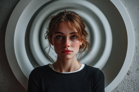 A young woman with striking blue eyes looks directly at the camera. Her hair is styled loosely, and she is dressed in a dark sweater.の素材