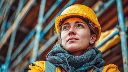 A construction worker stands confidently at a building site, wearing a hard hat and safety gear. A supportive environment of scaffolding surrounds her, showcasing an active construction project.の素材