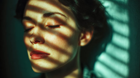 A woman rests peacefully with her eyes closed, bathed in gentle sunlight. Shadows form stripes across her face, creating a tranquil and artistic atmosphere indoors.の素材
