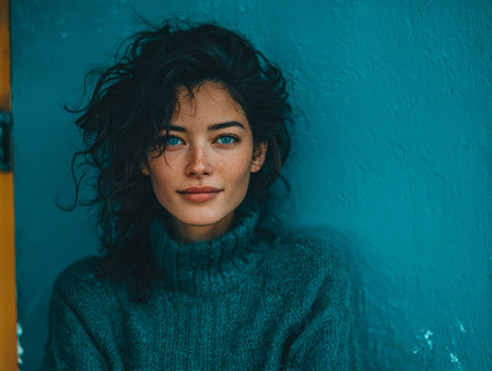 A young woman with curly hair sits against a textured blue wall. She wears a soft sweater and has a relaxed smile, creating a warm and friendly atmosphere in the scene.の素材
