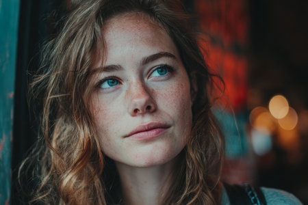 A young woman with curly hair and freckles stands by a window, lost in thought. Warm lights create a soft ambiance around her, highlighting her serene expression at dusk.の素材