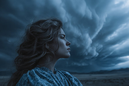 In a quiet rural setting, a woman with flowing hair stands still, gazing thoughtfully at the dark, swirling clouds above during twilight. The scene captures her pensive expression.の素材
