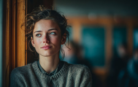 A young woman with curly hair sits by a window, lost in thought, while the warm light of the afternoon filters in. The background features blurred figures of other cafe patrons.の素材