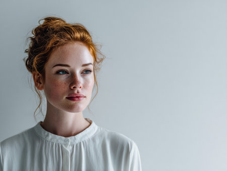 A young woman with striking red hair stands and looks thoughtfully into the distance. She wears a simple white blouse, illuminated by natural light in a clean, modern space.の素材