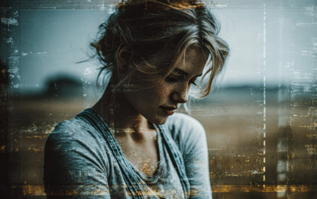 A young woman stands quietly, her head bowed and expression reflective. She is surrounded by a tranquil landscape at dusk, creating a peaceful atmosphere.の素材