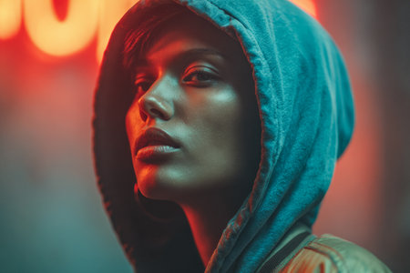 A young woman stands with a serious expression, wearing a hoodie, illuminated by colorful neon lights. The urban background enhances the contemporary vibe at night.の素材